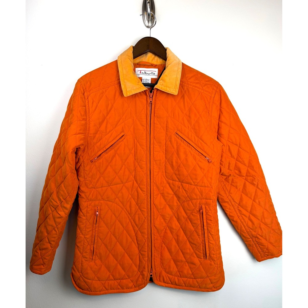 Vintage Talbots Quilted Barn Jacket S Orange Zip Up Field Chore Coat Equestrian